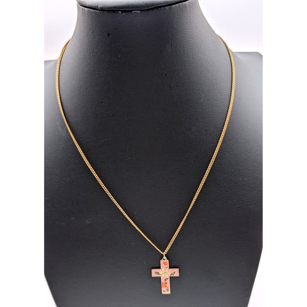 Gold Tone Pink Floral Cloisonne Enamel Cross Pendant Necklace 18 Inch Chain